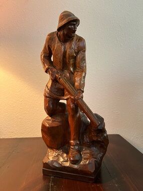 Hand Carved Wood Sculpture Signed Alfredo Moroder Italy Hunter Figure
